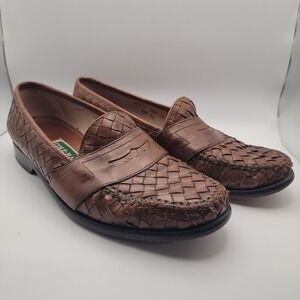 Cole Haan Men Woven Leather Penny Loafers 8.5 M Brown Slip On Dress